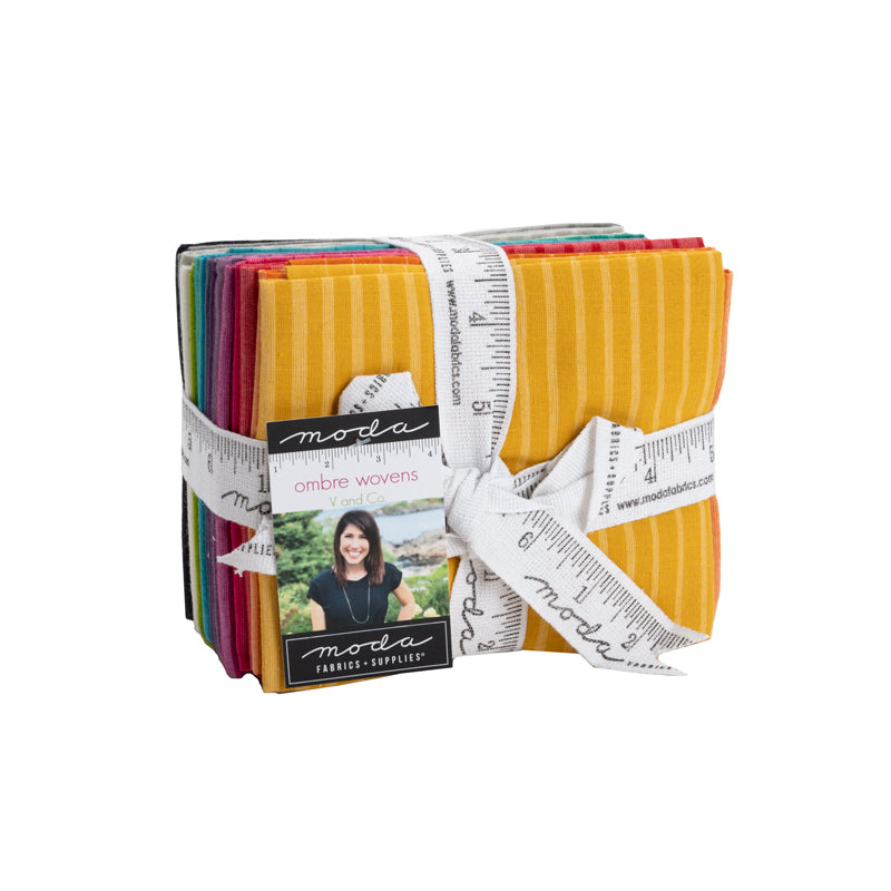This factory cut FAT QUARTER BUNDLE contains 16 cotton woven prints from Ombre Wovens by V and Co. for Moda Fabrics.  Manufacturer: Moda Fabrics Designer: V and Co. Collection: Ombre Wovens Material: 100% Cotton  SKU: 10872AB Weight: Quilting