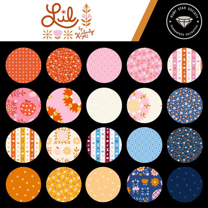 This FAT QUARTER BUNDLE contains 22 quilting cotton prints from Lil by Kimberly Kight for Ruby Star Society.  Manufacturer: Ruby Star Society Designer: Kimberly Kight Collection: Lil Material: 100% Cotton  Weight: Quilting SKU: F3053