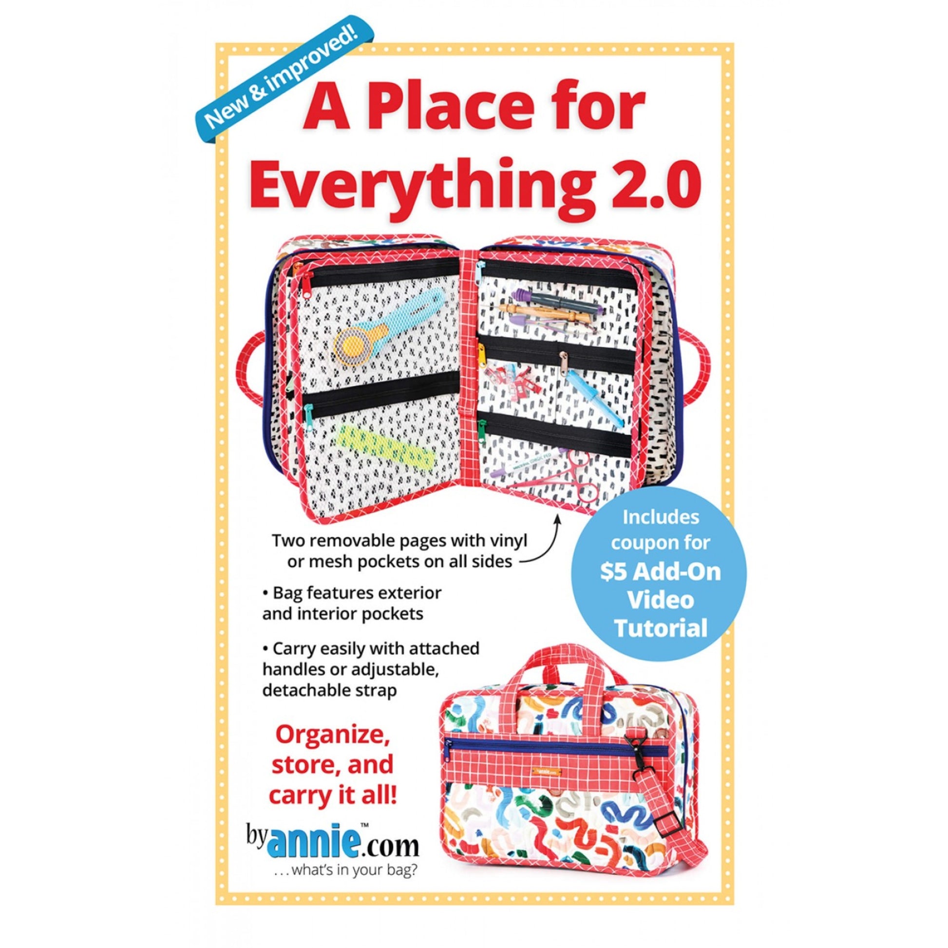 This spacious organizer stores and carries tools and supplies, providing visibility and easy access to all.  The bag features handles and an adjustable/detachable carrying strap along with two removable pocket pages with mesh or vinyl pockets in a variety of styles.  Abundant pockets in a variety of styles are the key to ensuring that there is a place for everything … and that everything is in its place!  The case measures about 10"H x 14" W x 5½"D when closed with removable pages measuring 13"H x 20"W.