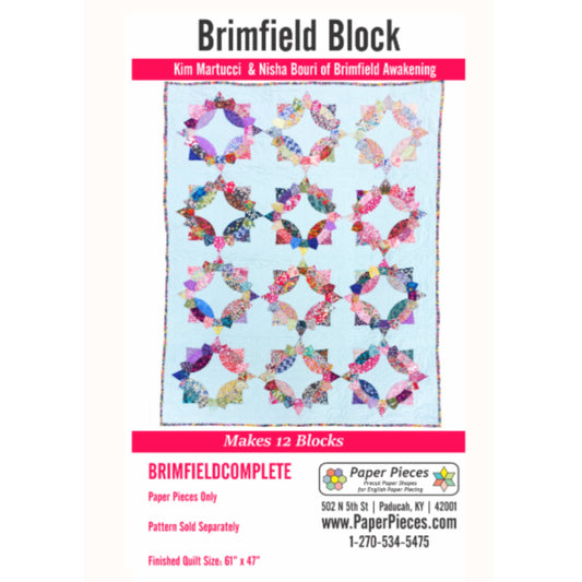 Brimfield Block Makes 12 Blocks.  Paper Pieces Only, Pattern Sold Separately (Pattern = Brimfield Awakening).  Finished Size: 61" x 47".