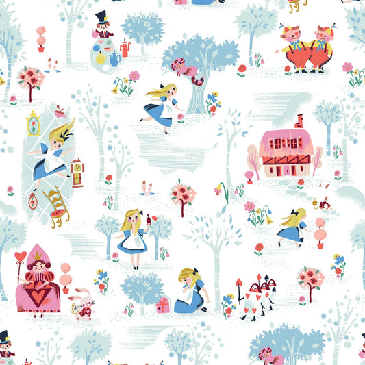 Manufacturer: Riley Blake Designs Designer: Jill Howarth Collection: Down the Rabbit Hole Print Name: Main in White Material: 100% Cotton Weight: Quilting SKU: C12940R-WHITE Width: 44 inches