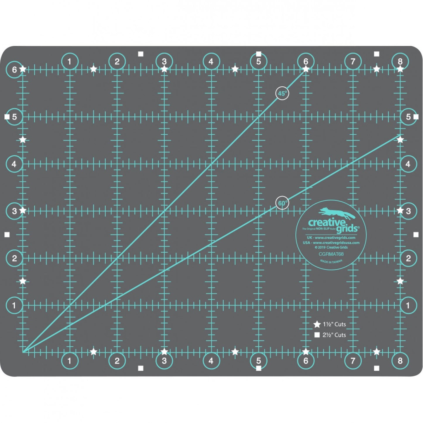 The Creative Grids Rotary Cutting Mat is double sided. One side features one-inch grids with eighth inch markings over the entire surface. All numbers are printed outside of the grid area so they are always visible. Popular 1-1/2 inch cuts are highlighted with white stars; 2-1/2 inch cuts with white squares. The other side is blank - perfect for trimming blocks and paper-piecing. 