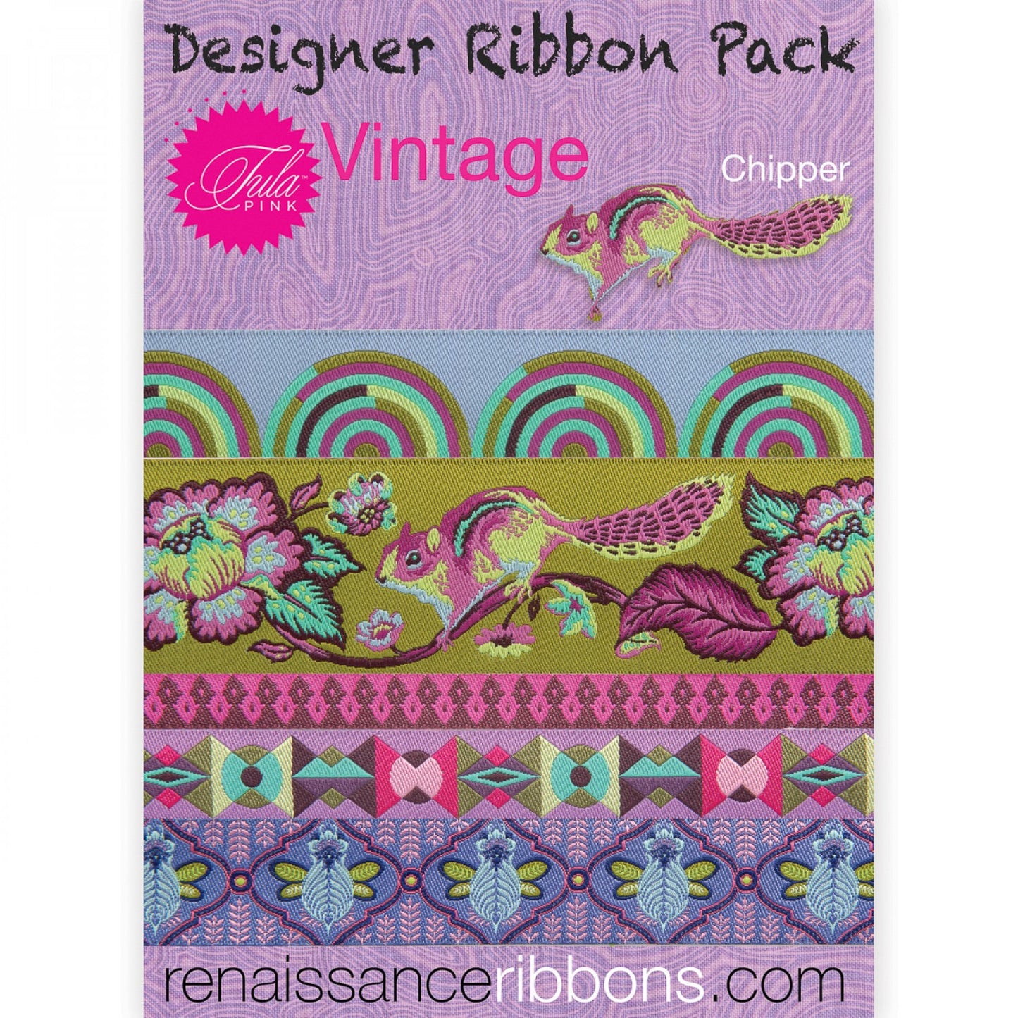 This is a limited edition of the best jacquard woven ribbons designed by Tula Pink for Renaissance Ribbons over the last 10 years, it includes designs from the discontinued collections of Spirit Animal, Moonshine, Chipper, Slow and Steady and Prince Charming in the original color ways.