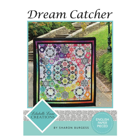 “Dream Catcher” is a modern style, English Paper Pieced Medallion Quilt made from a mix of smaller hexagon and diamond units that come together with larger feature units that offer plenty of fussy cutting opportunities.  EPP Kit – Includes the Pattern, Templates (9) and all the precision cut papers needed to complete the project.  Fabric not included.  Finished size – approx. 60” x 65”