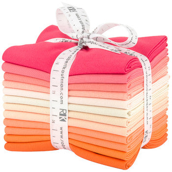 This factory cut FAT QUARTER BUNDLE contains 12 cotton fabrics from Kona Solids for Robert Kaufman Fabrics.    Manufacturer: Robert Kaufman Fabrics Collection: Kona Cotton Solids Melon Ball Palette Material: 100% Cotton  SKU: FQ-1374-12 Weight: Quilting 