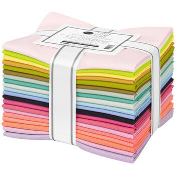 This factory cut FAT QUARTER BUNDLE contains 20 cotton fabrics from Kona Solids for Robert Kaufman Fabrics.    Manufacturer: Robert Kaufman Fabrics Collection: Kona Cotton Solids Then Came June Rejoice Palette Material: 100% Cotton  SKU: FQ-1992-20 Weight: Quilting