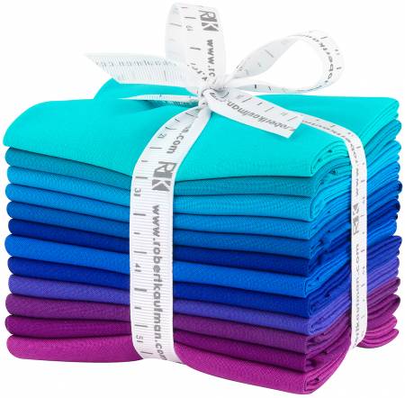 This factory cut FAT QUARTER BUNDLE contains 12 cotton fabrics from Kona Solids for Robert Kaufman Fabrics.    Manufacturer: Robert Kaufman Fabrics Collection: Kona Cotton Solids Peacock Material: 100% Cotton  SKU: FQ-1369-12 Weight: Quilting 