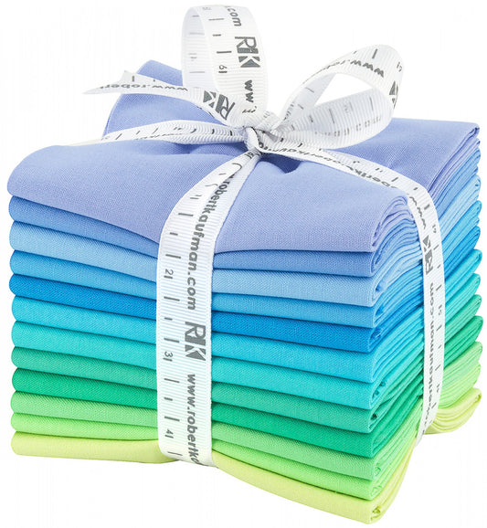 This factory cut FAT QUARTER BUNDLE contains 12 cotton fabrics from Kona Solids for Robert Kaufman Fabrics.    Manufacturer: Robert Kaufman Fabrics Collection: Kona Cotton Solids Mermaid Shores Material: 100% Cotton  SKU: FQ-1375-12 Weight: Quilting 