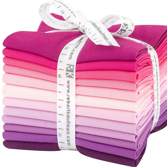 This factory cut FAT QUARTER BUNDLE contains 12 cotton fabrics from Kona Solids for Robert Kaufman Fabrics.    Manufacturer: Robert Kaufman Fabrics Collection: Kona Cotton Solids Wildberry Palette Material: 100% Cotton  SKU: FQ-1377-12 Weight: Quilting 