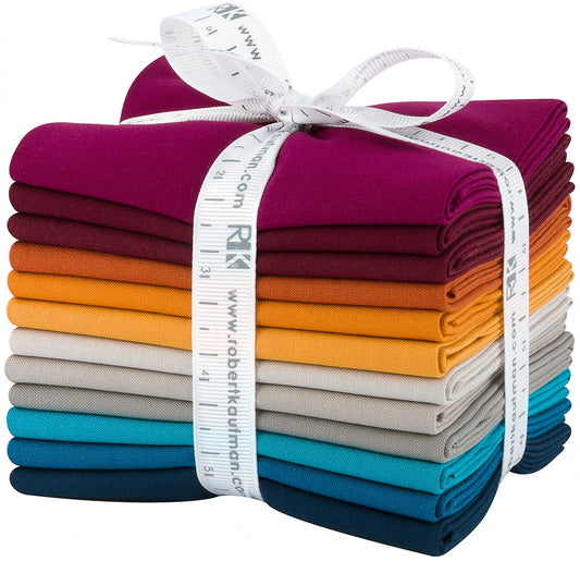 This factory cut FAT QUARTER BUNDLE contains 12 cotton fabrics from Kona Solids for Robert Kaufman Fabrics.    Manufacturer: Robert Kaufman Fabrics Collection: Kona Cotton Solids Tuscan Skies Material: 100% Cotton  SKU: FQ-1384-12 Weight: Quilting 