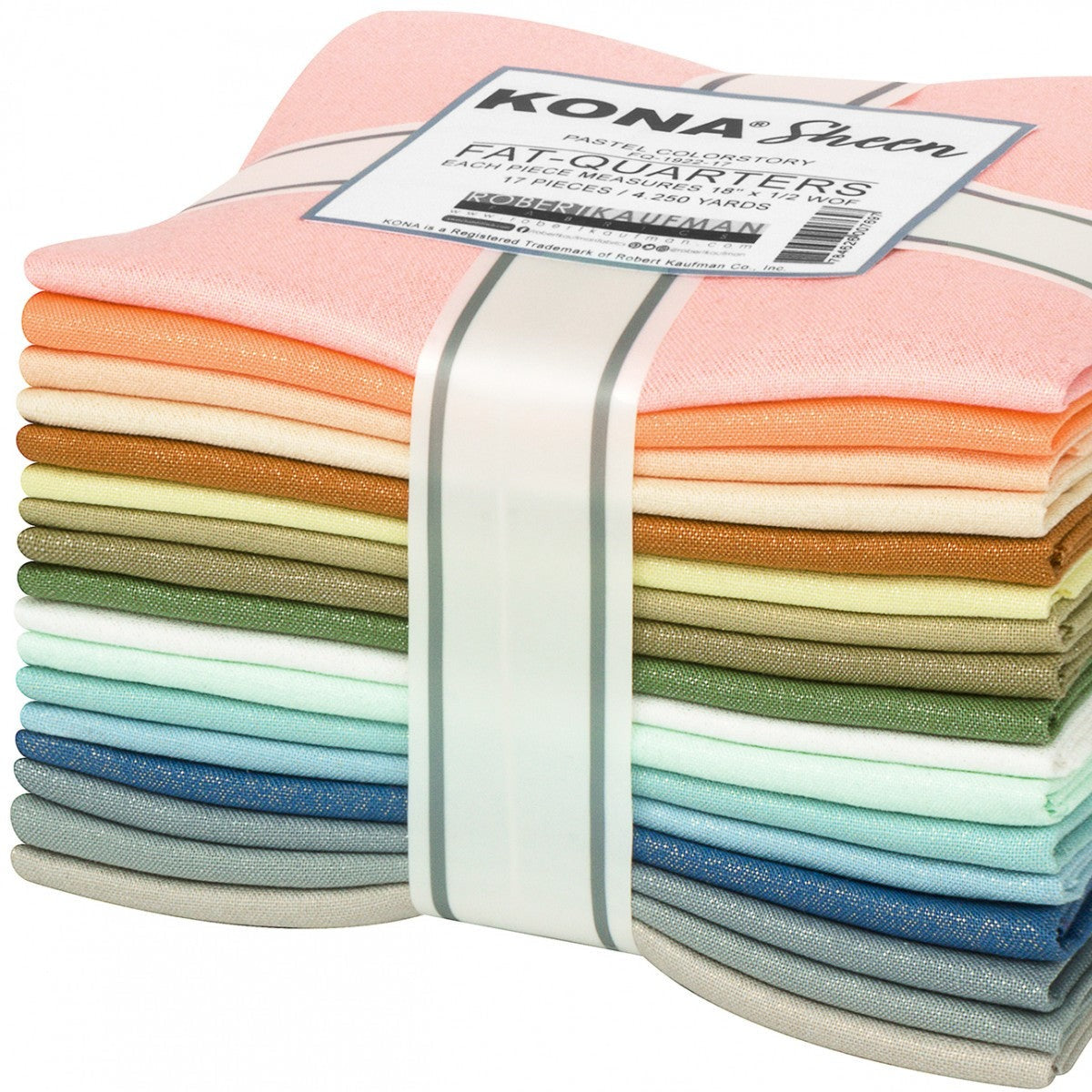This factory cut FAT QUARTER BUNDLE contains 17 cotton fabrics from Kona Solids - Sheen for Robert Kaufman Fabrics.    Manufacturer: Robert Kaufman Fabrics Collection: Kona Cotton Solids Sheen Material: 100% Cotton  SKU: FQ-1922-17 Weight: Quilting 