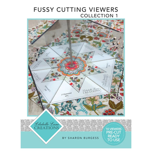 This pack includes 10 Fussy Cutting viewers printed on cardboard and 1 Fussy Cutting Mirror.  Fussy Cutting Viewers Include; • ¾ " Hexagon • 1" Hexagon • 1 ¼ " Hexagon • 1" 6-Point Star • 2" 6-Point Star • 1" Jewel • 1" Inverted Jewel • 2" Jewel • 2" Inverted Jewel • 5-Point Star for La Passacaglia  Cut around the outer most triangle with your scissors or rotary cutter. Cut out the inner shaded area with an Exacto knife or similar.