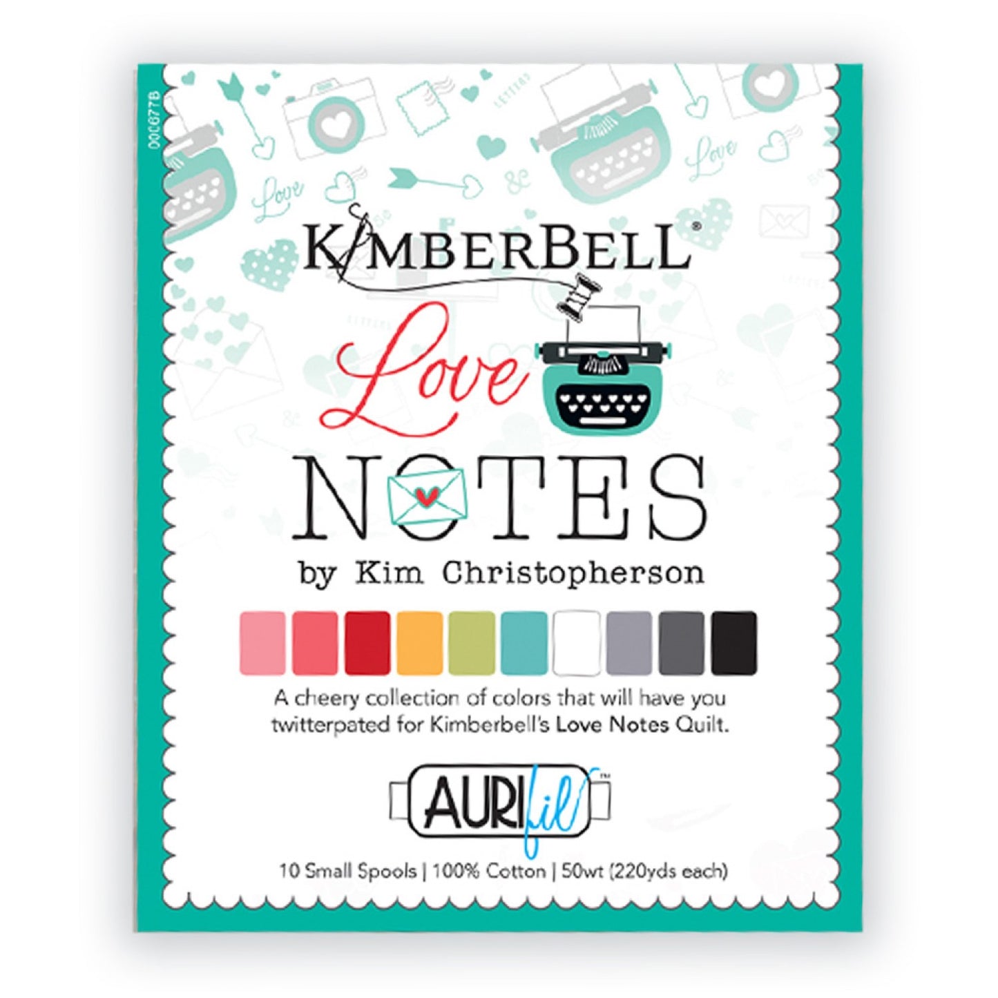 Aurifil Collection coordinates with Kimberbell Love Notes sewing pattern. Includes 10 small spools of colors 2425, 2530, 2250, 2130, 1231, 1148, 2024, 2606, 2630, 2692.
