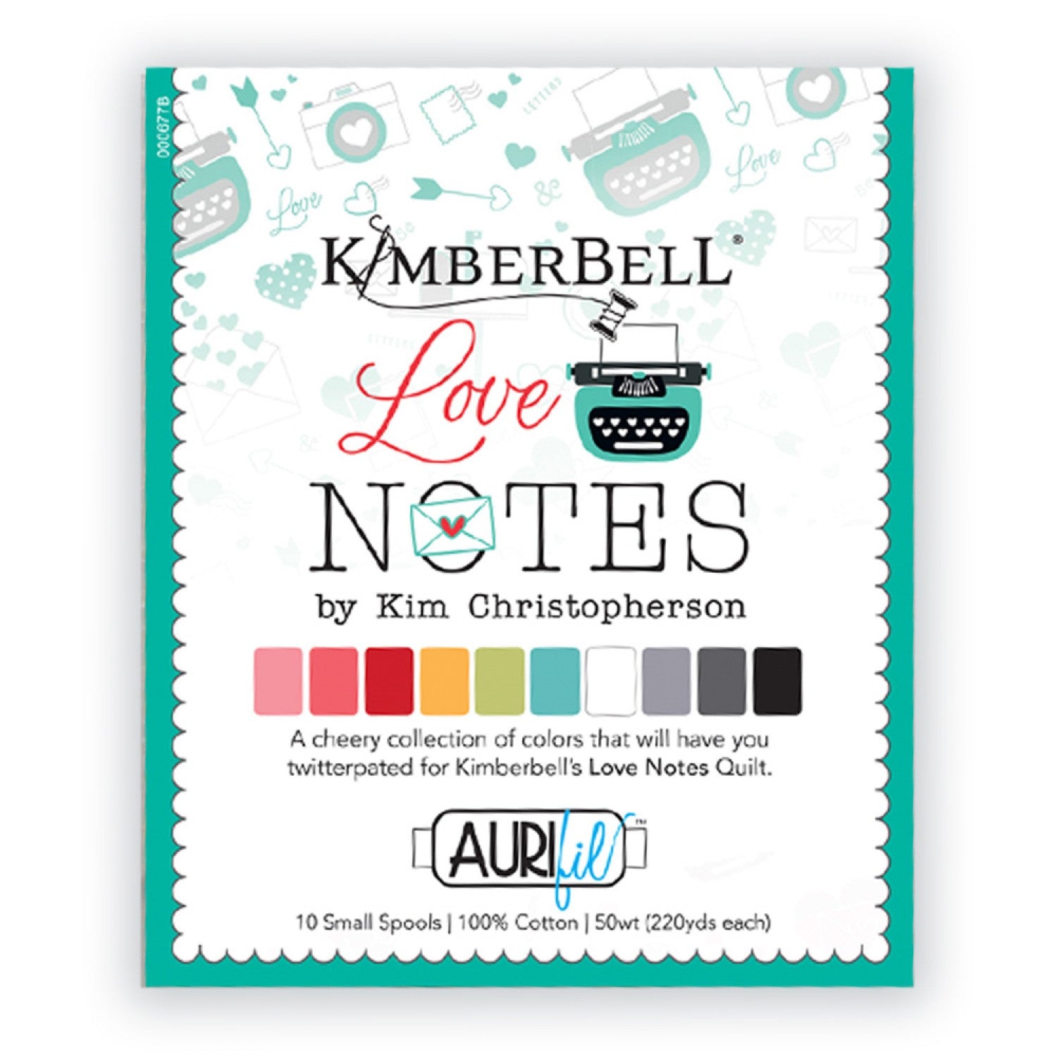Aurifil Collection coordinates with Kimberbell Love Notes sewing pattern. Includes 10 small spools of colors 2425, 2530, 2250, 2130, 1231, 1148, 2024, 2606, 2630, 2692.