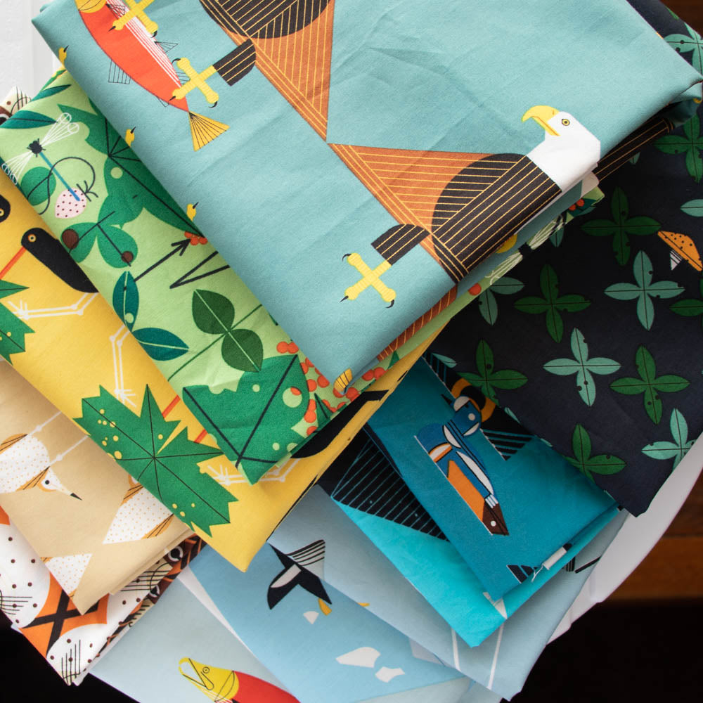 This factory cut FAT QUARTER BUNDLE includes all 12 prints; 11 fat quarter (18" x 22") pieces, plus a full 1 yard panel (36" x width of fabric approximately 42").   The Glacier Bay collection by Charley Harper is a wonderful picturesque collection showcasing marine life in and around Glacier Bay Alaska!  Fabrics are printed on unbleached organic cotton poplin.