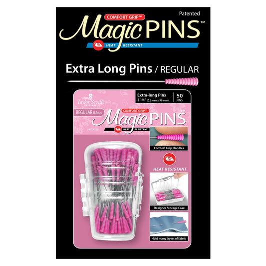Comfort Grip, Heat Resistant, 50pc. The Comfort Grip Magic Pins Extra Long are 2.25 in and .6 mm. They have a comfort grip head that makes picking up and maintaining a grip on the pin, easy. The Comfort Grip Magic Pins are also heat resistant, so if you iron over them, they will not be ruined. The pins come in a designer storage case that closes, so you won’t lose any pins!  Color: Pink Heads Made of: Metal and Plastic Use: Extra Long Pins Size: 2.25 in and .6 mm Included: 50 pins and Case