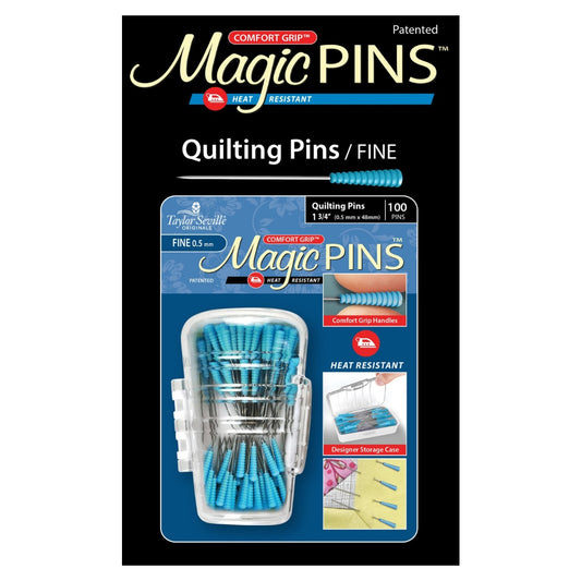 Comfort Grip, Heat Resistant, 100pc. The Comfort Grip Magic Pins Fine Quilting are 1.75 in and .5 mm. They have a comfort grip head that makes picking up and maintaining a grip on the pin, easy. The Comfort Grip Magic Pins are also heat resistant, so if you iron over them, they will not be ruined. The pins come in a designer storage case that closes, so you won’t lose any pins!  Color: Blue Heads Made of: Metal and Plastic Use: Quilting Pins, Fine Size: 1.75 in and .5 mm Included: 100 pins and Case