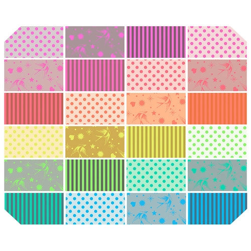 This Factory Cut LAYER CAKE bundle contains 42 - 10" x 10"quilting cotton prints from Tiny True Colors by Tula Pink for Freespirit Fabrics  Manufacturer: FreeSpirit Fabrics Designer: Tula Pink Collection: Neon True Colors Material: 100% Cotton  Weight: Quilting