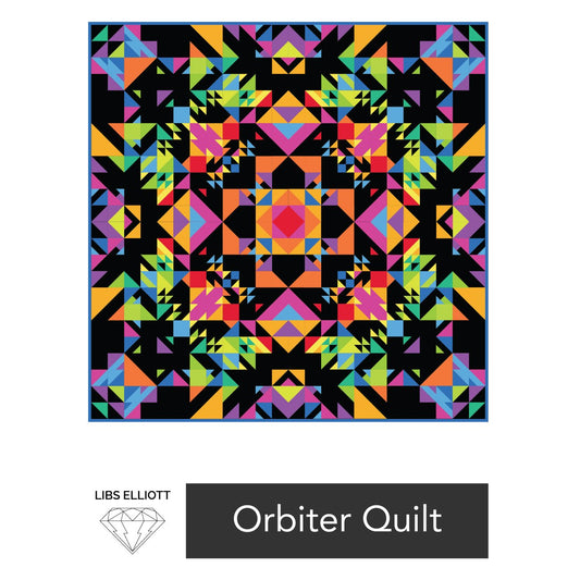 Orbiter by Libs Elliott.  The Orbiter Quilt is a trippy, kaleidoscopic quilt that really stands out when made in a bright spectrum of colors.  This quilt was designed with Libs' Phosphor collection (Andover Fabrics, 2020). Quilt measures 96" x 96".