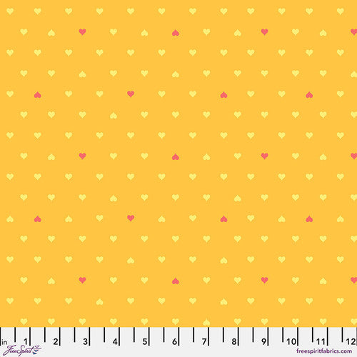 Manufacturer: FreeSpirit Fabrics Designer: Tula Pink Collection: Besties Print Name: Unconditional Love in Buttercup Material: 100% Cotton  Weight: Quilting  SKU: PWTP221.BUTTERCUP Width: 44 inches