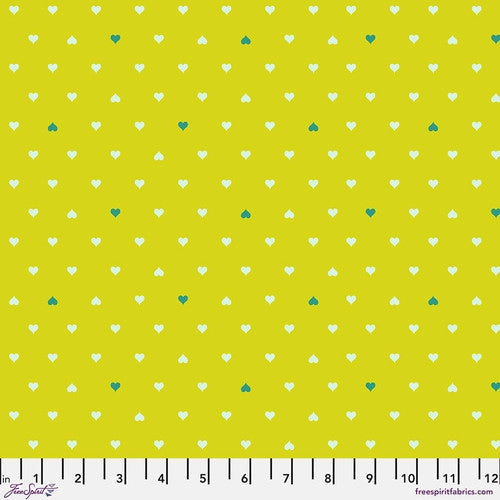 Manufacturer: FreeSpirit Fabrics Designer: Tula Pink Collection: Besties Print Name: Unconditional Love in Clover Material: 100% Cotton  Weight: Quilting  SKU: PWTP221.CLOVER Width: 44 inches