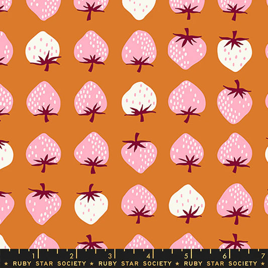 Manufacturer: Ruby Star Society Designer: Kimberly Kight Collection: Strawberry and Friends Print Name: Strawberry in Caramel Material: 100% Cotton Weight: Quilting  SKU: RS5019-23 Width: 44 inches