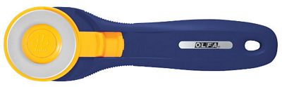 Splash Navy Rotary Cutter - Quick Blade Change.  Designed for both right and left handed use.  Cuts multiple layers of fabric at once.  The blade is made of high quality tungsten carbide tool steel for unparalleled sharpness and superior edge retention.  Blade cover for additional safety.  Lifetime Guarantee. 
