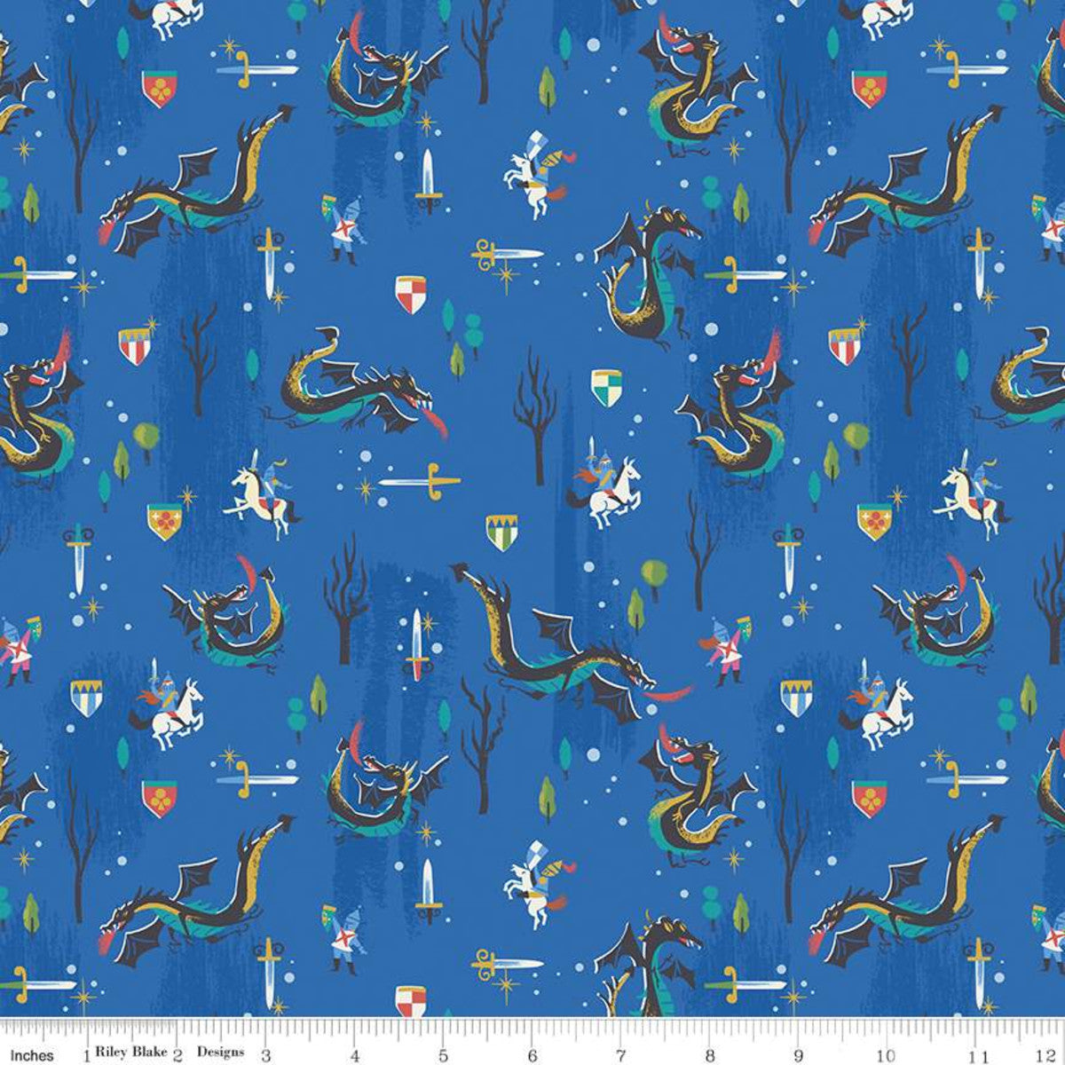 Manufacturer: Riley Blake Designs Designer: Jill Howarth Collection: Little Brier Rose Print Name: Dragons in Midnight Sparkle Material: 100% Cotton  Weight: Quilting  SKU: SC11072-MIDNIGHT