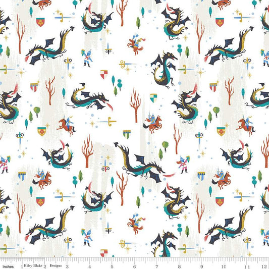 Manufacturer: Riley Blake Designs Designer: Jill Howarth Collection: Little Brier Rose Print Name: Dragons in White Sparkle Material: 100% Cotton  Weight: Quilting  SKU: SC11072-WHITE