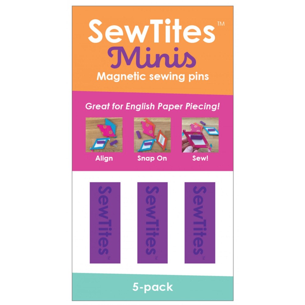 SewTites are a way to “pin” when you can’t!  Magnetic “pins” for sewing super thick materials like leather or cork or pieces that aren’t near an edge like pockets on bags.  Simply align the pieces you need to sew together, snap on the SewTites, and sew!  No more pin holes.  Easily keep thick materials together.  Won't break like clips.  SewTites Minis Dimensions: 1.25" x .5"