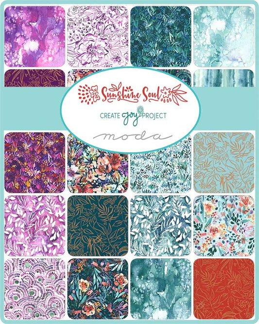 This Factory Cut FAT QUARTER BUNDLE contains 33 quilting cotton prints from Sunshine Soul by Laura Muir of Create Joy Project for Moda Fabrics.  Manufacturer: Moda Fabrics Designer: Laura Muir of Create Joy Project Collection: Sunshine Soul Material: 100% Cotton Weight: Quilting SKU: F8460