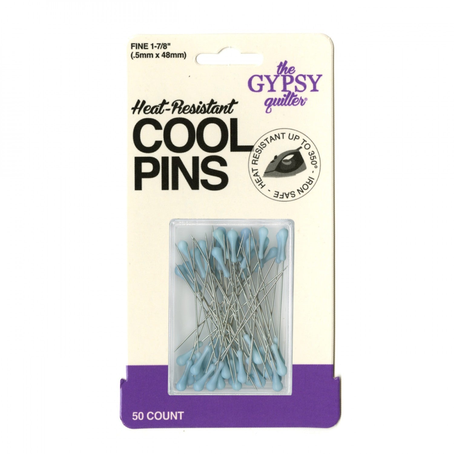Cool pins are just that - COOL! They are heat resistant up to 350 degrees Fahrenheit so you can iron over them without melting the tip of the pin or burning your finger. The large pinheads are easy to grasp and manipulate - perfect for all ages. And since the tips of the Cool Pins are colorful, they are easy to spot and remove - no pins left behind. Cool pins are sharp and fine. At just .5 mm, they will not leave holes in your finished project. 50 pins come in a reusable storage box.