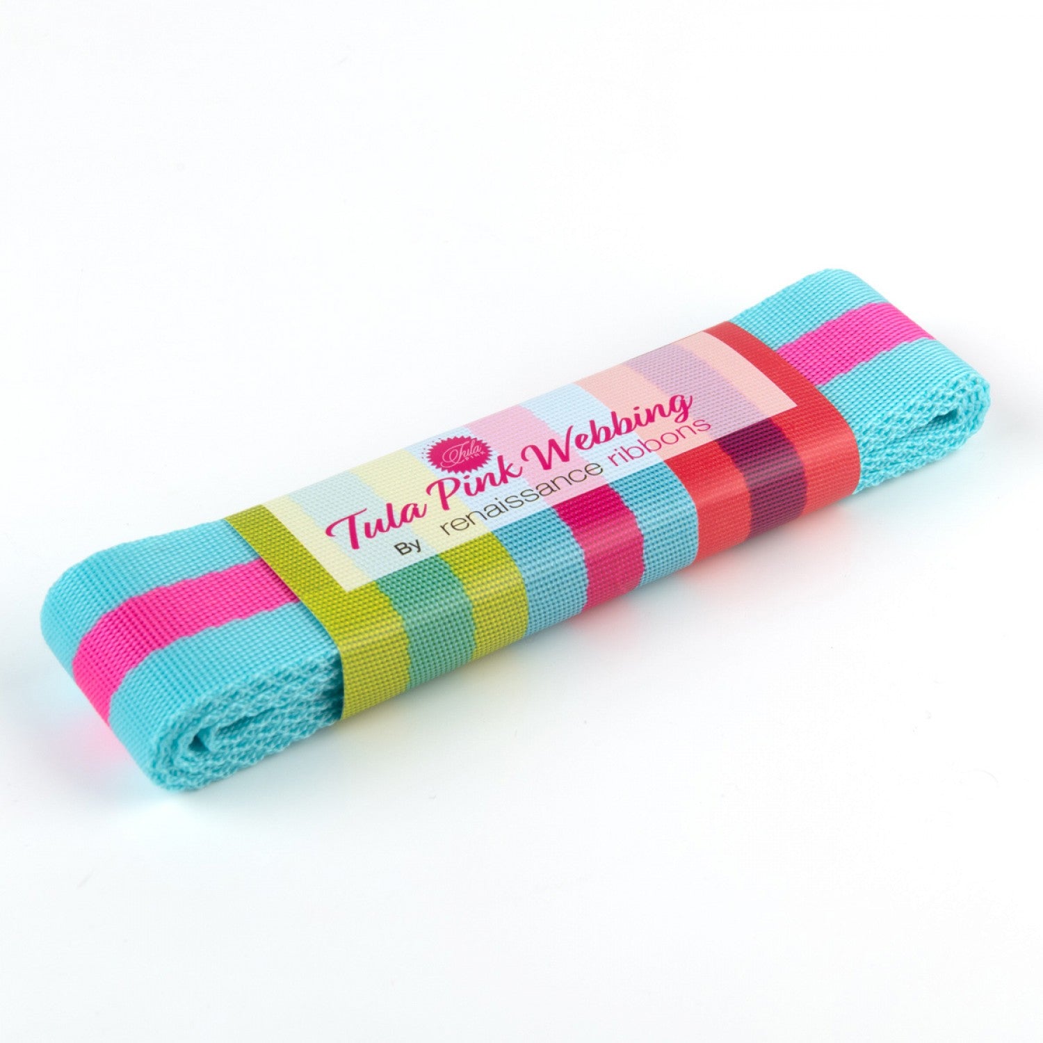 Tula Pink striped Nylon Webbing - 1.5in wide - Tula Special: Blue Aqua with Hot Pink - A game Changer in Bag Making!  Color: Blue and Pink Size: 1.5in x 2yds Use: Bag Making Included: 2 yds bundle