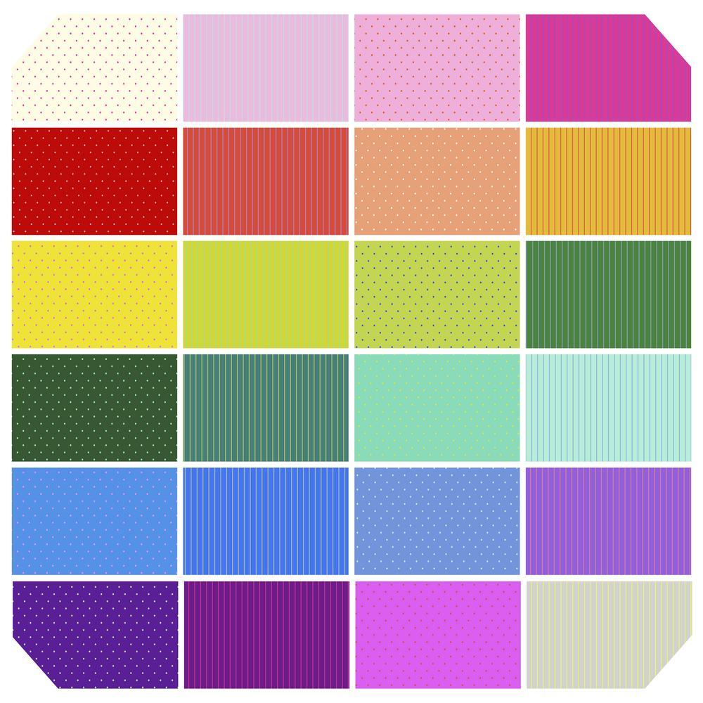 This Factory Cut CHARM PACK contains 42 - 5" x 5"quilting cotton prints from Tiny True Colors by Tula Pink for Freespirit Fabrics.  Manufacturer: FreeSpirit Fabrics Designer: Tula Pink Collection: Tiny True Colors Material: 100% Cotton  Weight: Quilting