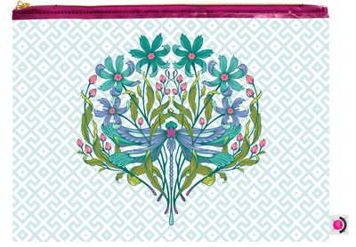 The Medium Project Bag has a full-color printed front panel of Tula Pink's Dragon Your Feet design from her Moon Garden Collection. The back panel features the Baby Geo pattern and zipper pull is engraved metal. Bag measures 14" x 10".