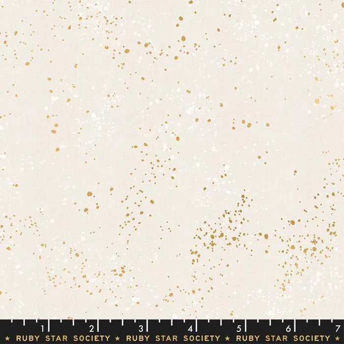 Manufacturer: Ruby Star Society Designer: Rashida Coleman Hale Collection: Speckled Print Name: Speckled Metallic White Gold Material: 100% Cotton  Weight: Quilting  SKU: RS5027-14M Width: 44 inches