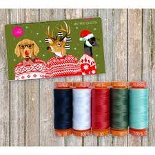 Meet Holiday Homies (accompanied by, of course, 5 delightfully coordinated spools of Aurifil 50wt thread).  Collection contains 5 small spools of 50wt cotton thread in colors 2692, 5023, 2835, 2024 and 2265.