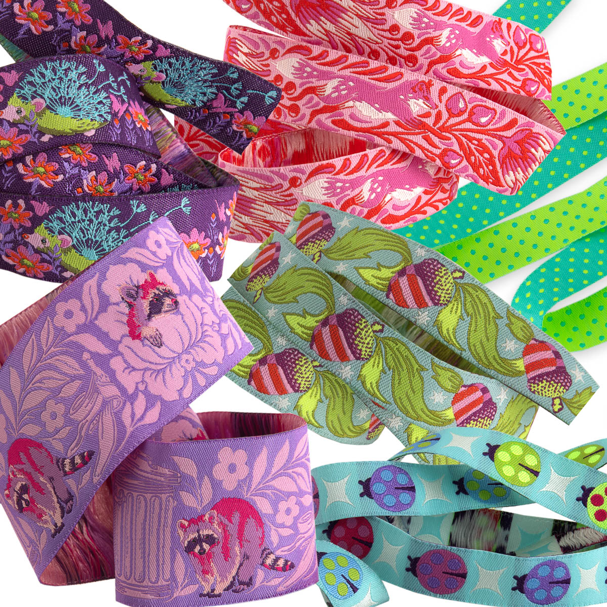 Tula Pink Designer Ribbon Pack - Content: 6 yds total -1 yd per design - Tiny Beasts is all about a playful reimagining of animals you might find in your backyard  and what they get up to after dark!  Glimmer colorway, pink and green.