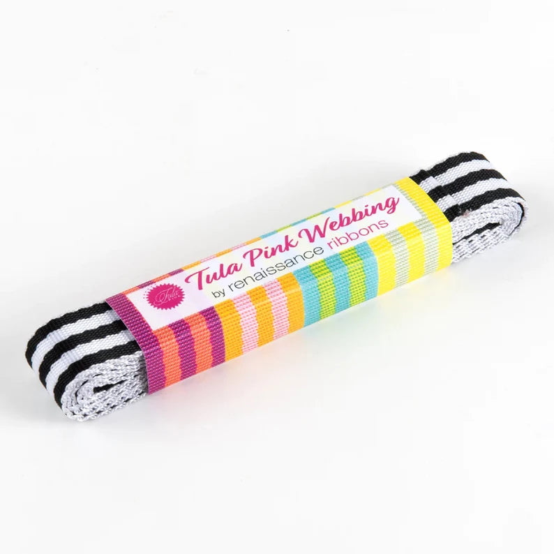 Tula Pink striped Nylon Webbing - 1in wide - Black and White - A game Changer in Bag Making!  Color: Black and White Size: 1in x 2yds Use: Bag Making Included: 2 yds bundle