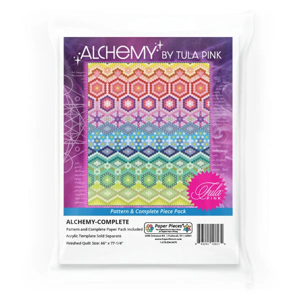 Tula Pink uses the art of Alchemy to magically transform an array of simple hexagons into a colorful mosaic of medallions. Designed as a row-by-row quilt, Alchemy emphasizes color placement, working with variations of a single hue to create a larger pattern.  Alchemy Pattern and Complete Paper Piece Pack includes all of the Paper Pieces to make a 66" x 77-1/4" quilt. Acrylic Template NOT included.