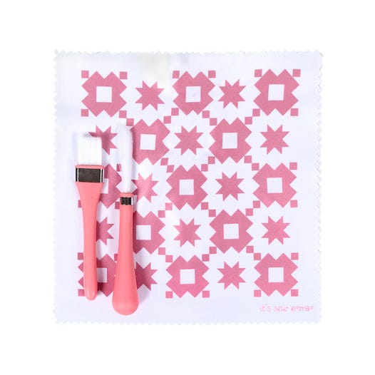 It’s time to brush up your sewing machine with the Oh Sew Clean Brush and Cloth set from It’s Sew Emma! The combination of flat and angled brush ensures you will find the right tool for every nook, cranny, crevice and surface of your machine.  Sweep away lint with soft bristles and clean with a microfiber cleaning cloth that wipes without scratching or scraping. Sew handy, you can use it anywhere, like computer keyboards, reading glasses, even phone and tablet screens and cases.
