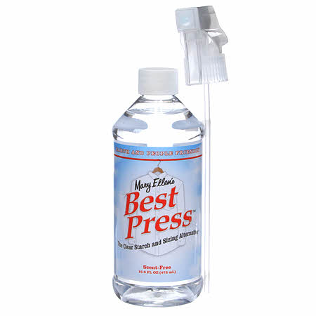 Scent Free 16oz bottle Best Press spray starch - there’s no flaking, clogging, or white residue on dark fabrics.  A special stain shield protects fabrics, and the product helps resist wrinkles.  Best of all, it’s more effective than any starch you’ve ever used. Try Best Press today - you will never go back to ironing with spray starch!  It’s in a non-aerosol clear bottle, so it’s environmentally friendly and you can see how much is left, too.